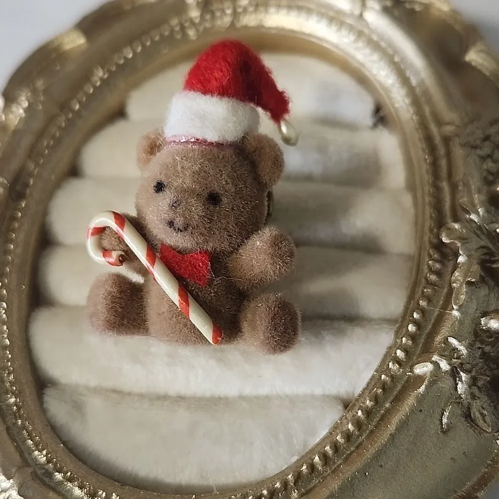 Festive Teddy Bear Pin Brooch with Candy Cane Vintage Fuzzy Holiday Christmas